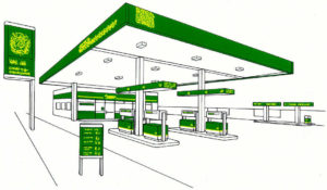 rysunek stacji benzynowej z charakterystycznym umiejscowieniem koloru zielonego na elementach 